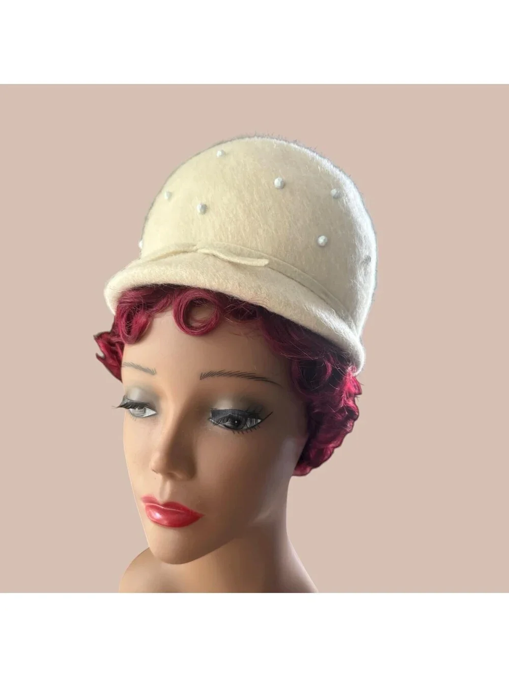 60s 70s Beaded Cloche, Cream Mohair and Wool, Vintage Hats for Women, Mod